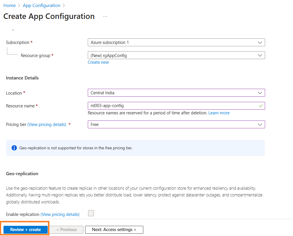 create app configuration
